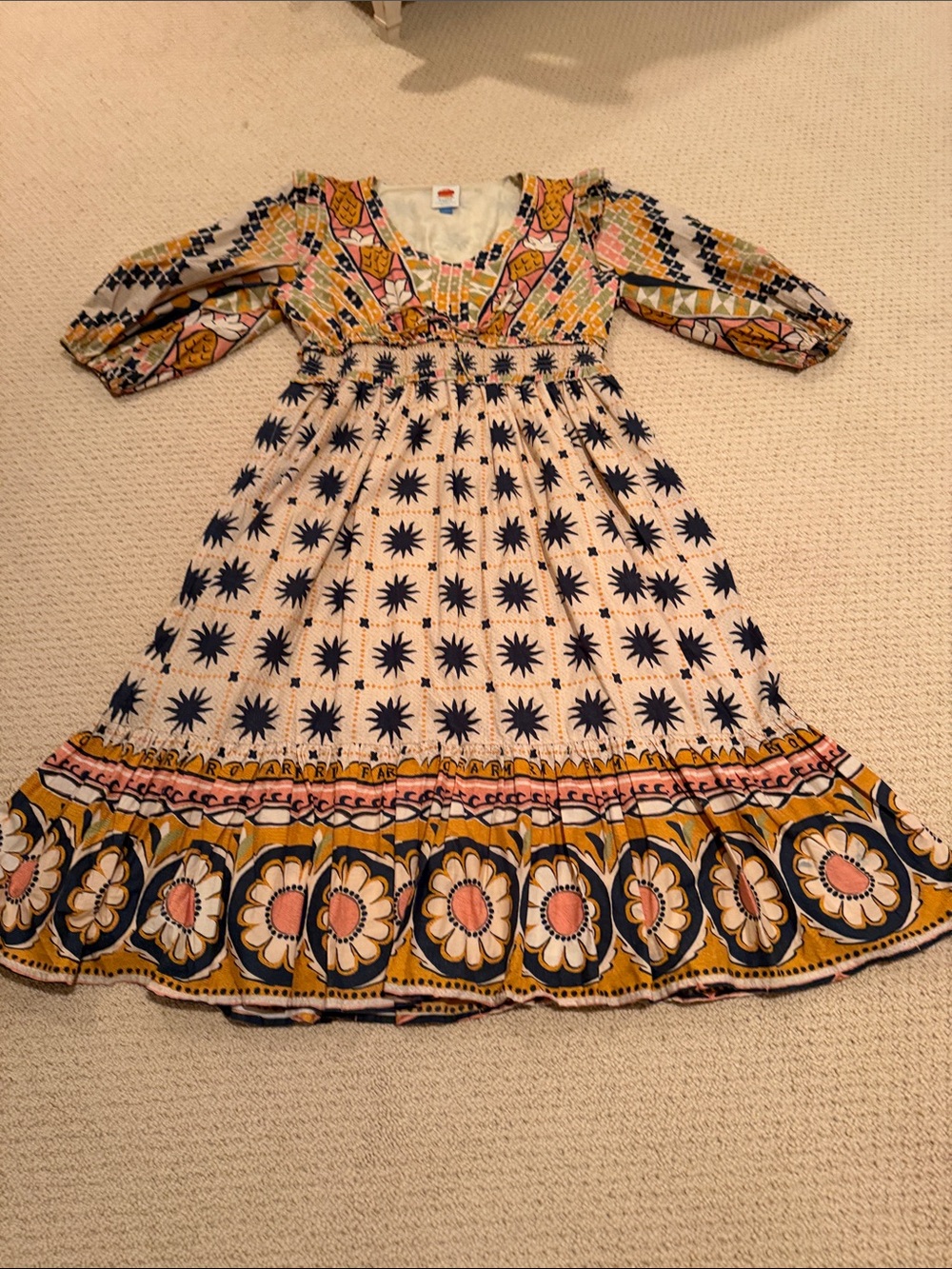 Farm Rio for Anthropologie Cream Dress with Navy Stars & Mustard Floral Trim